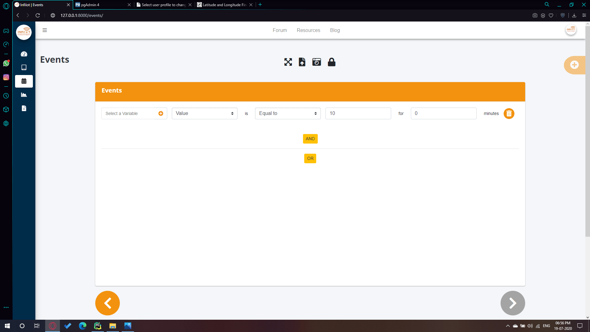 Creating your event, select your variable, values to compare with, and actions to perform