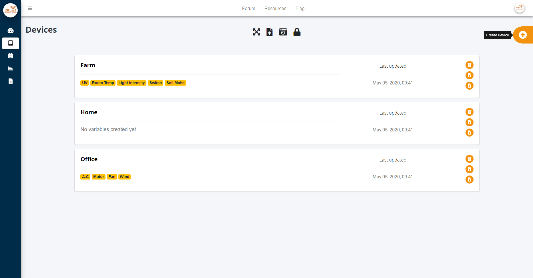 Welcome page for devices section infiiot platform