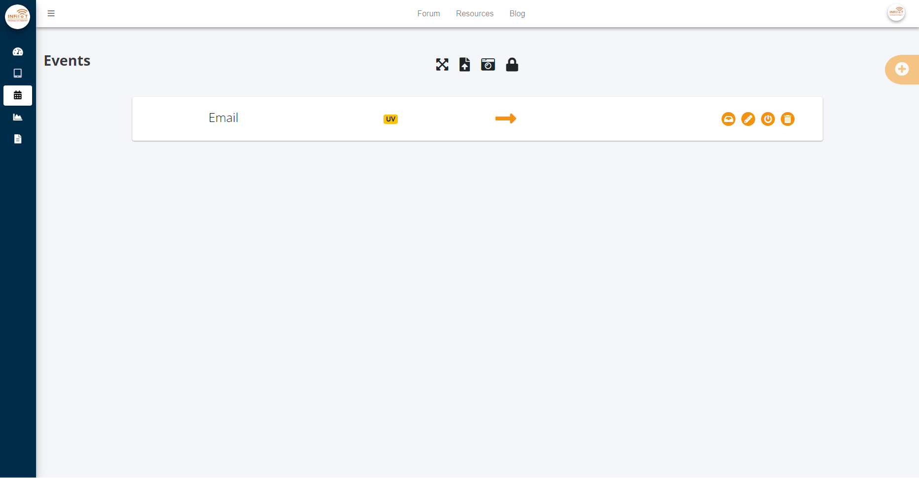 page showing events created by a user on infiiot platform